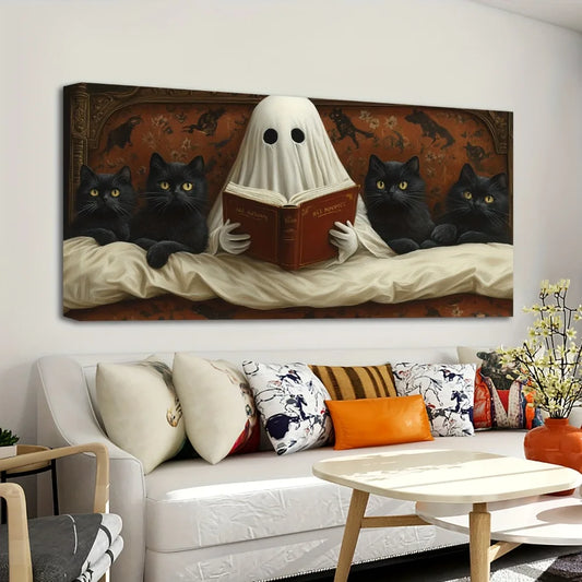 Pine Wood Frame Canvas Painting Ghost Reading In Bed Halloween Wall Decor