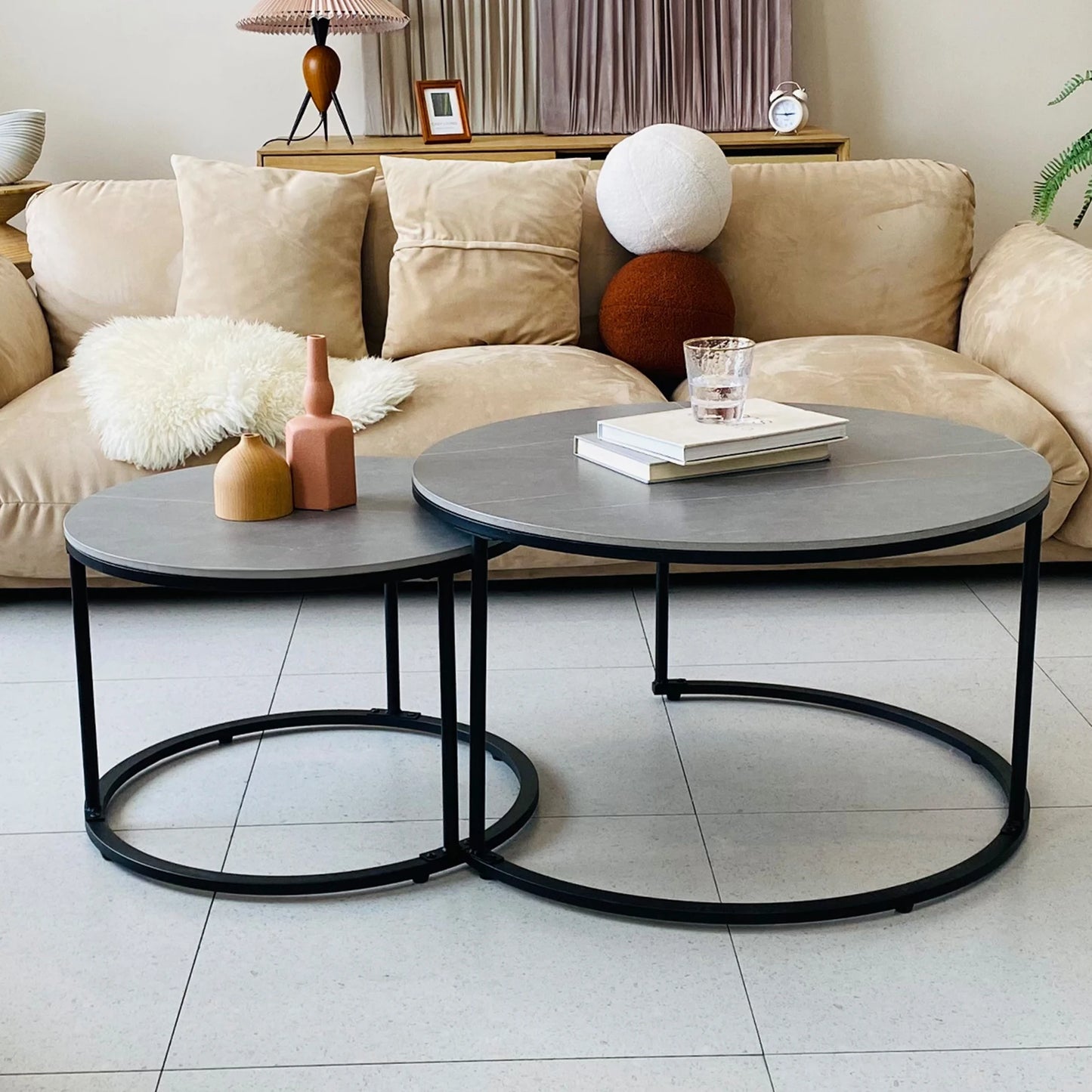 Modern Nesting Grey Marble Top Coffee Table Set Metal Legs