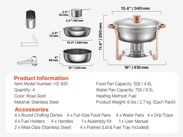 VEVOR 4 Pack Stainless Steel Chafing Dish Buffet Set with 4 Full Size Pan Round Catering Warmers for Party Banquets