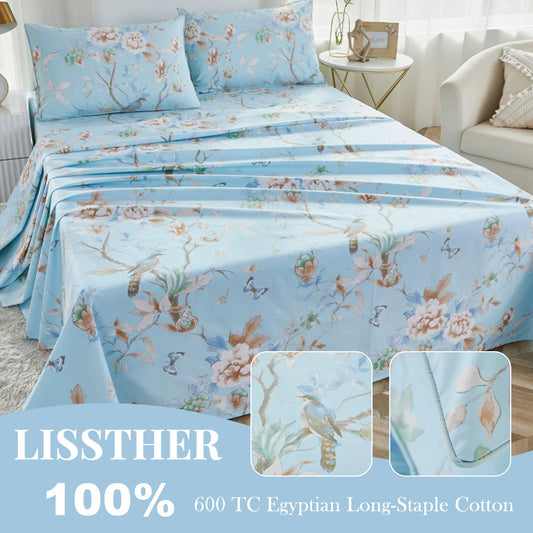 4 Piece Sheet Set 600TC 100 Percent Egyptian Cotton Vintage Blue Bird Floral