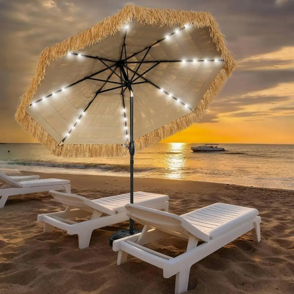 Hawaiian Inspired 9 Foot Solar Thatch Umbrella With 32 LEDs UPF 50 Plus Patios