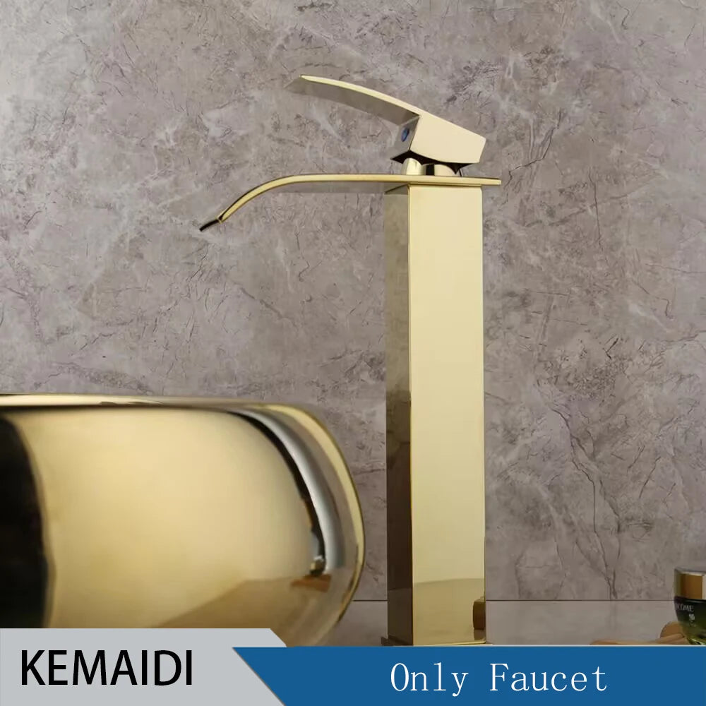 KEMAIDI 23In Oval Ceramic Vessel Sink Gold Waterfall Faucet