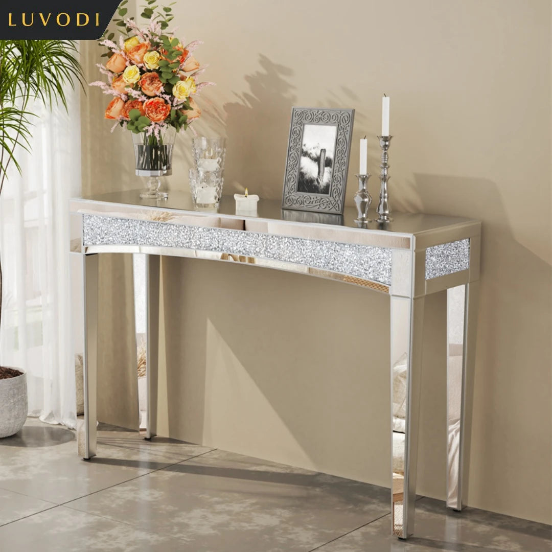 LUVODI Modern Glass Mirror Console Table Crushed Diamond