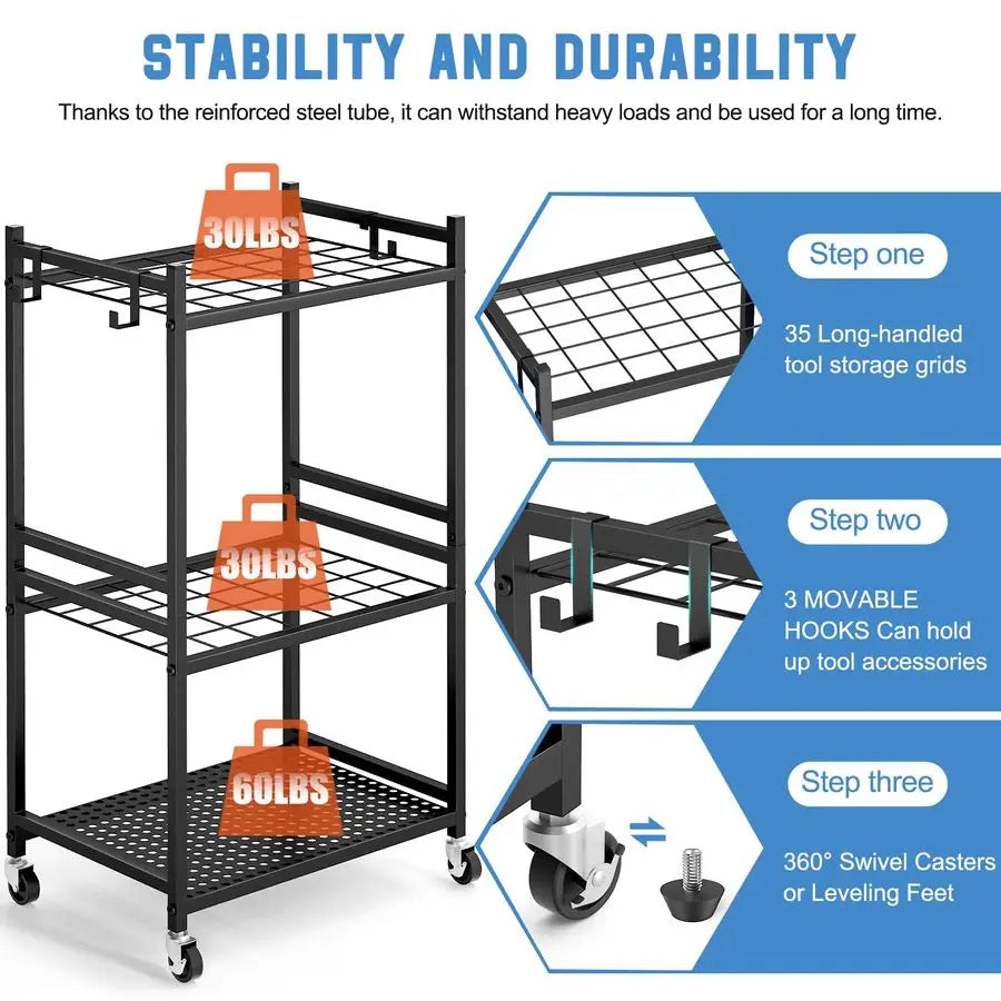 XMSJ Wheel Organizer Tower Rack For Garage Storage Holds 35 Long Handled Tools