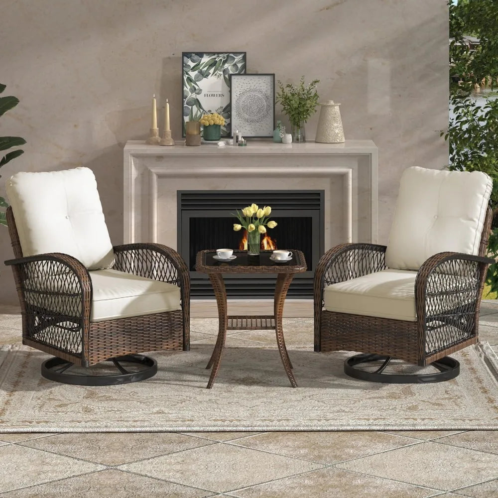 3 Piece Patio Furniture Set With Wicker Swivel Rocker Chairs And Cushions