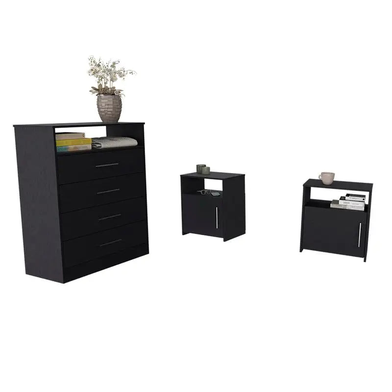 Kairo Dresser And Two Omaha Nightstands Bedroom Set Black Finish