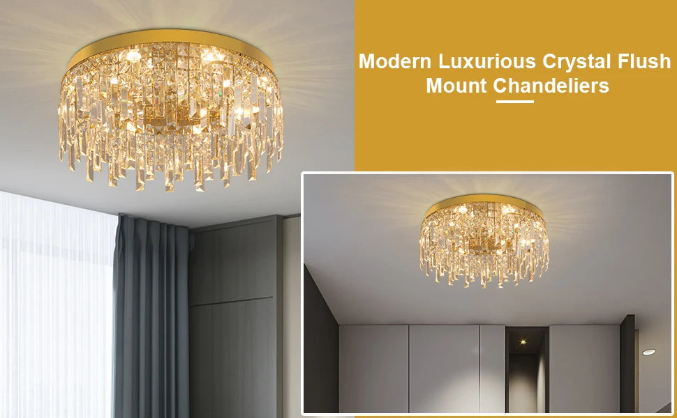 Modern Crystal Luxury Ceiling Lamp LED Chandelier Nordic Home Decor Flush Mount Light Fixture for Dining Living Room Bedroom Hotel