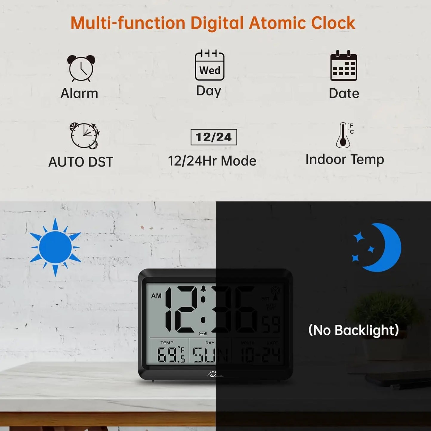 Atomic Digital Wall Clock With AutoSet Time Large Display Temp 4 Time Zones DST