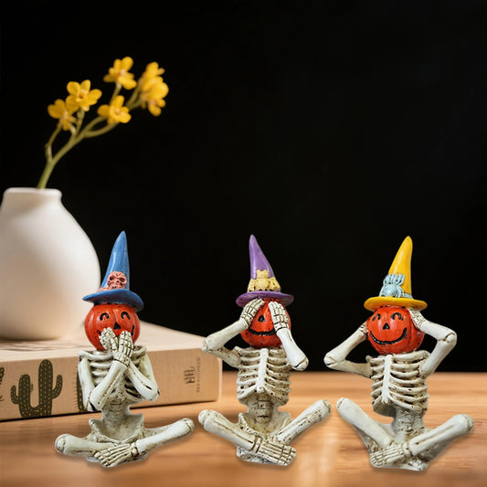 Haunted Skeleton Trio With Skulls And Black Cat Figurines