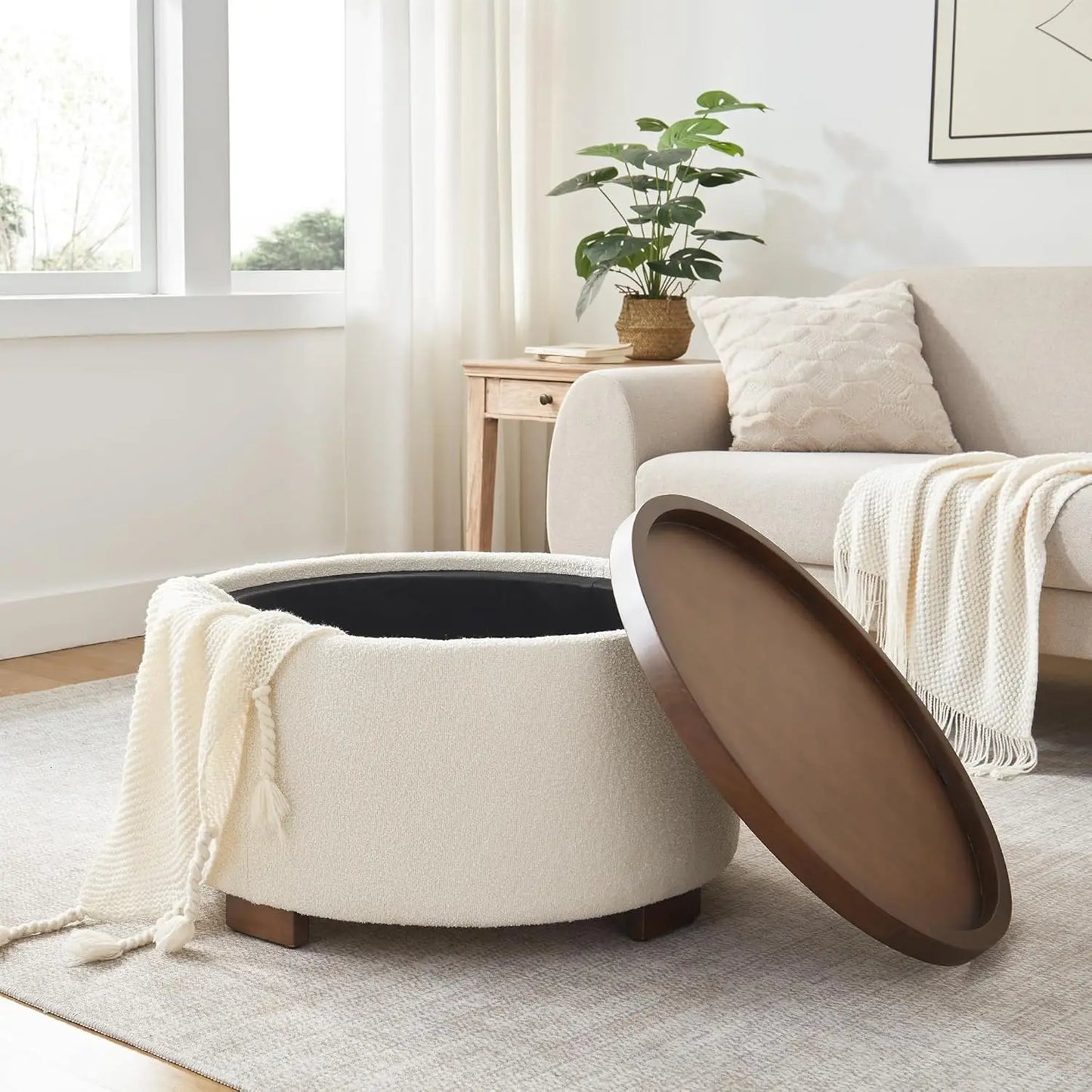 30 Inch Round Storage Ottoman Coffee Table Beige Lift Lid
