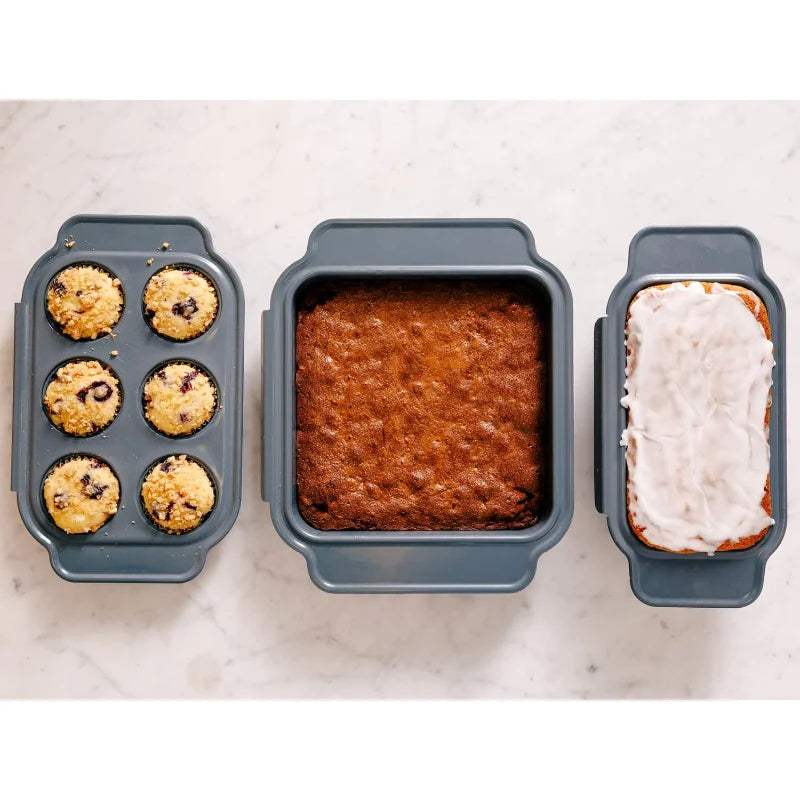 Home 4 Piece Bake and Breakfast Lite Accessory Set Premium Non Stick Bakeware Egg Pan Muffin Pan Loaf Baking Dish Square Brownie Tray