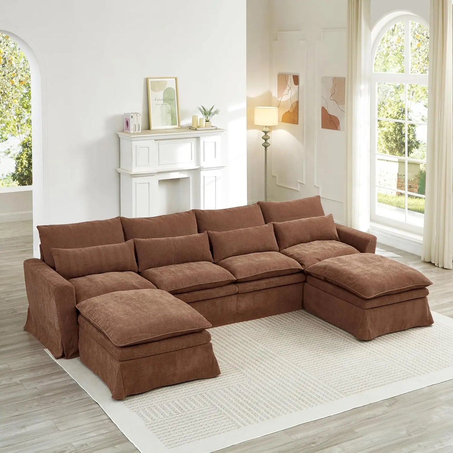 122 Inch U Shaped Modular Sectional Sofa With Movable Ottoman And Covers
