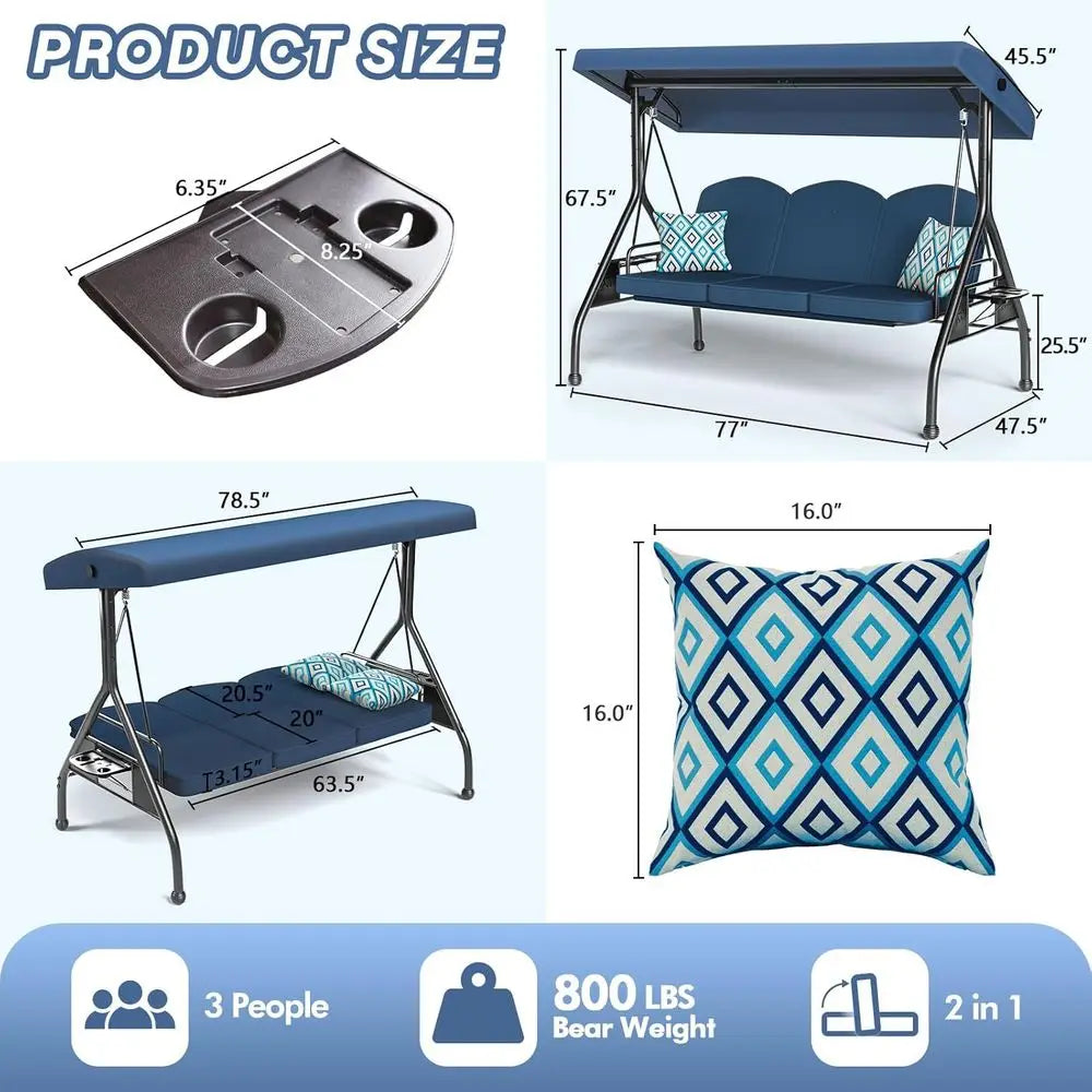 Three Seat Outdoor Swing With Stand 800lbs Capacity Two In One Swing Bed Blue