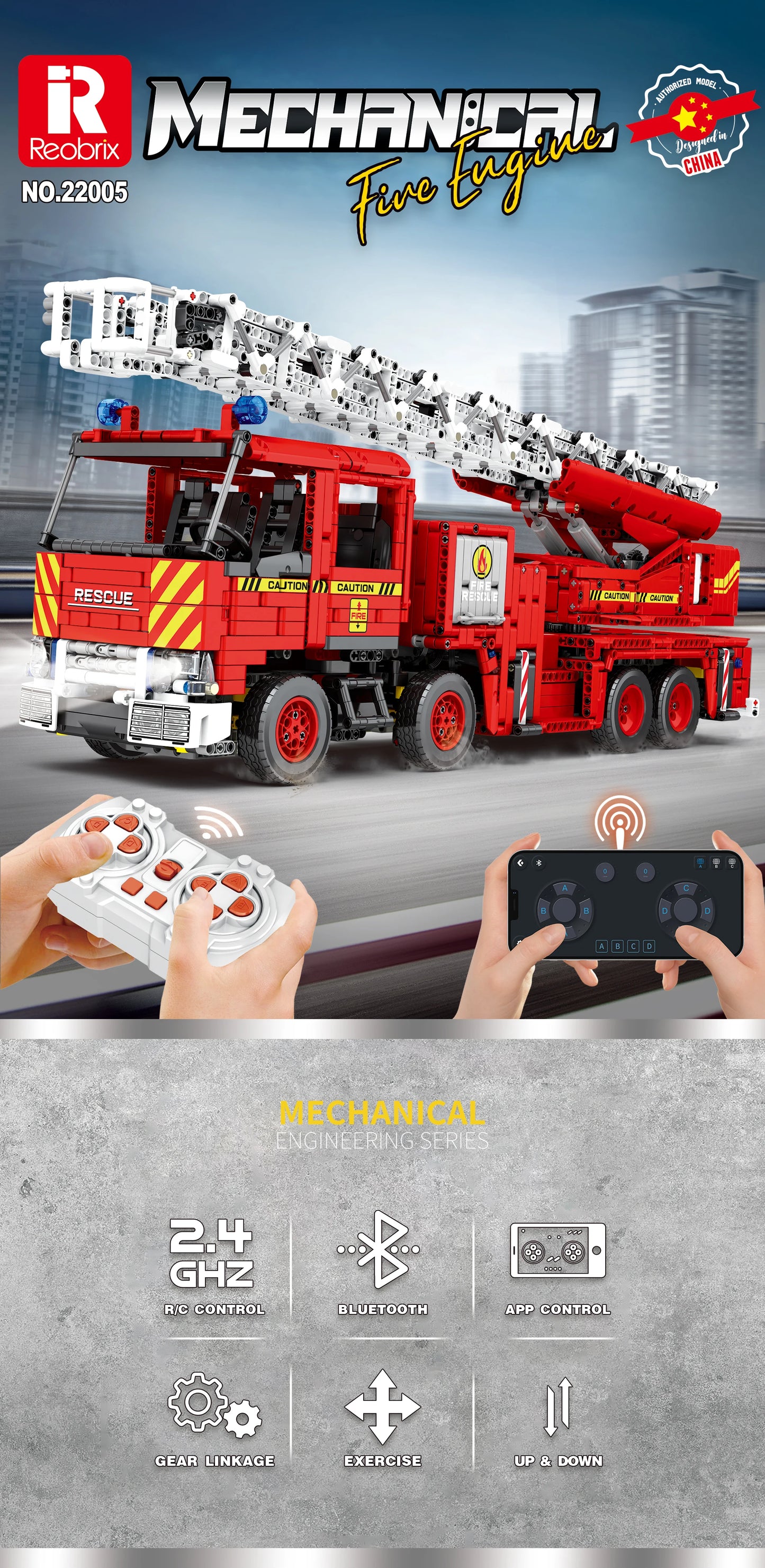 Reobrix Rescue Fire Truck Building Block Set With Extendable Ladder RC
