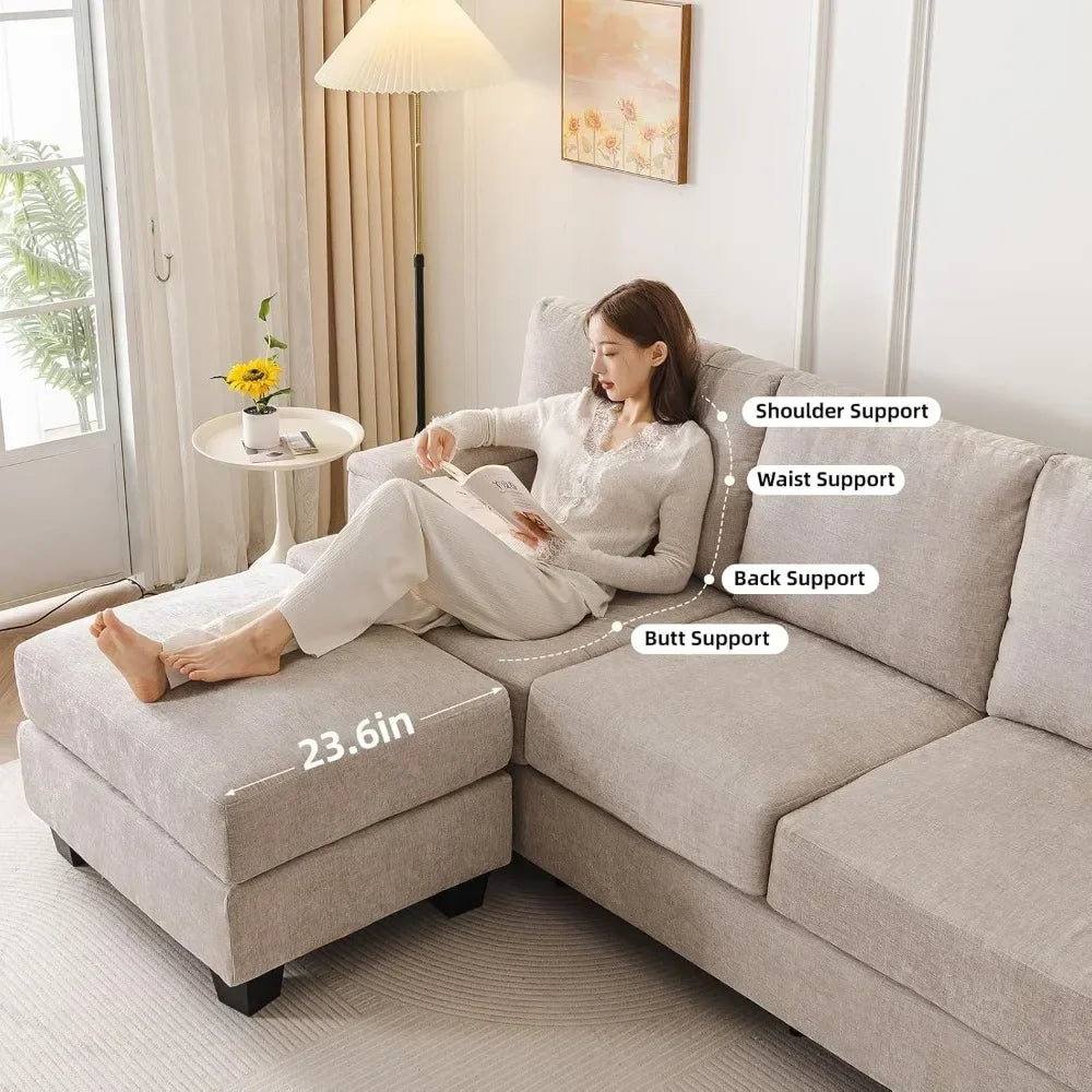85 Inch L Shaped Couch With Movable Ottoman Chenille Sectional Sofa