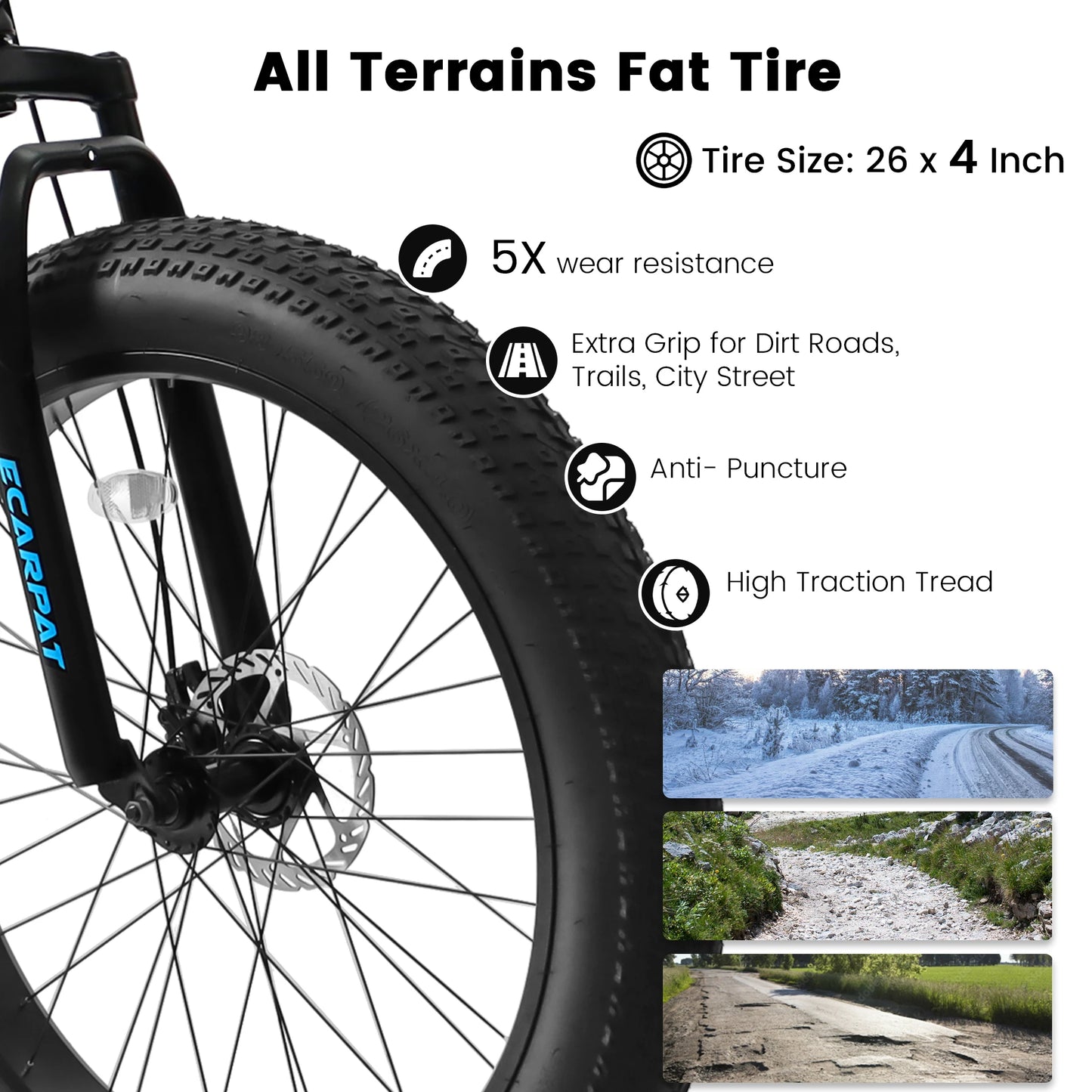 Ecarpat 26 Inch Fat Tire Mountain Bike With 21 Speed Steel Frame Disc Brake