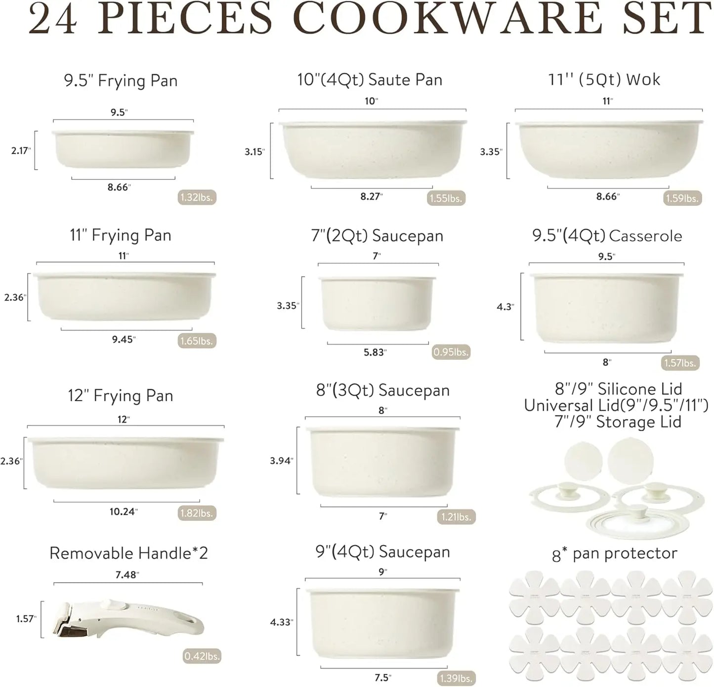 24 Piece Detachable Handle Pots and Pans Set Nonstick Induction Cookware Removable Handle RV Oven Safe Kitchen Cookware Cream White Granite