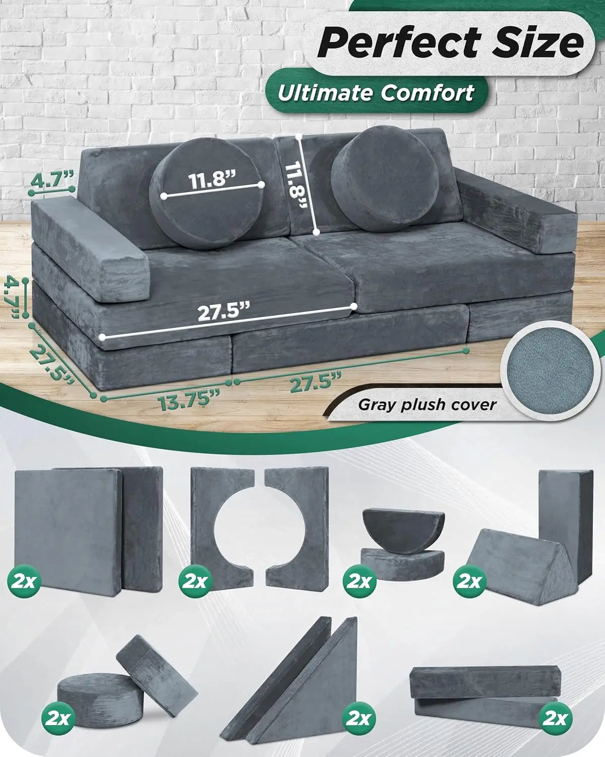 14 Piece Modular Kids Play Couch Convertible Foam Furniture for Toddlers Gray