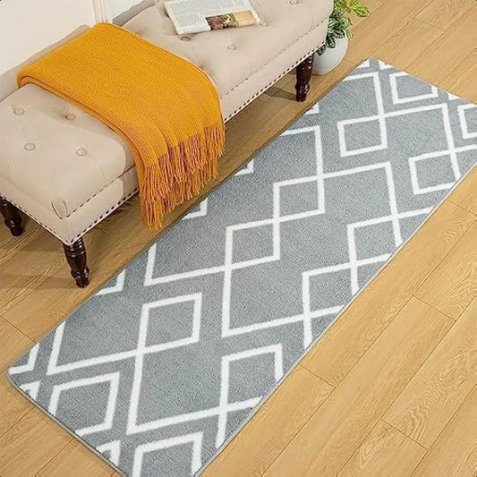 Shag Runner Rug for Bedroom 2x6 Feet Grey Area Rugs with Memory Foam for Hallway Bedside Fluffy Shaggy Washable Moroccan Geometric Pattern