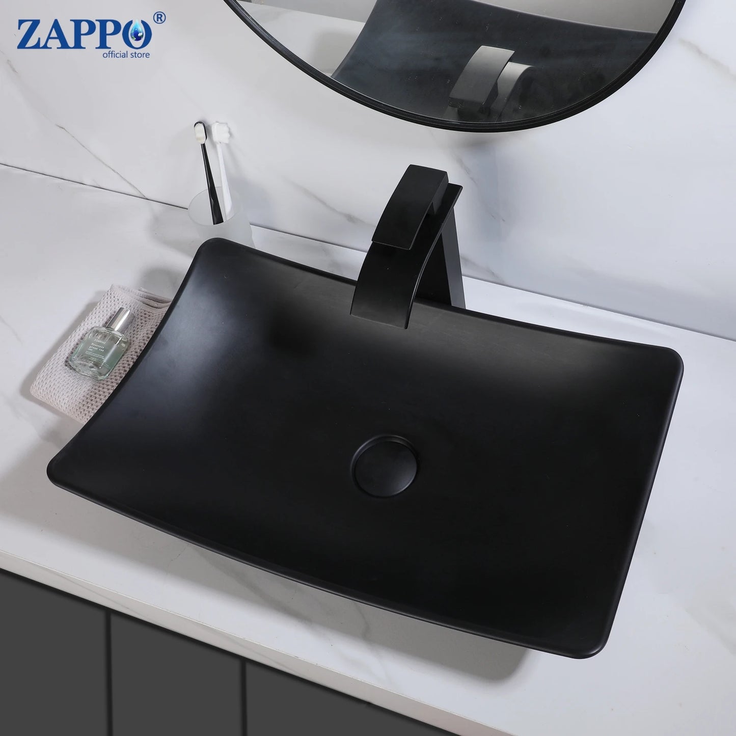 Zappo Black Stone Resin Oval Bathroom Vessel Sink Faucet