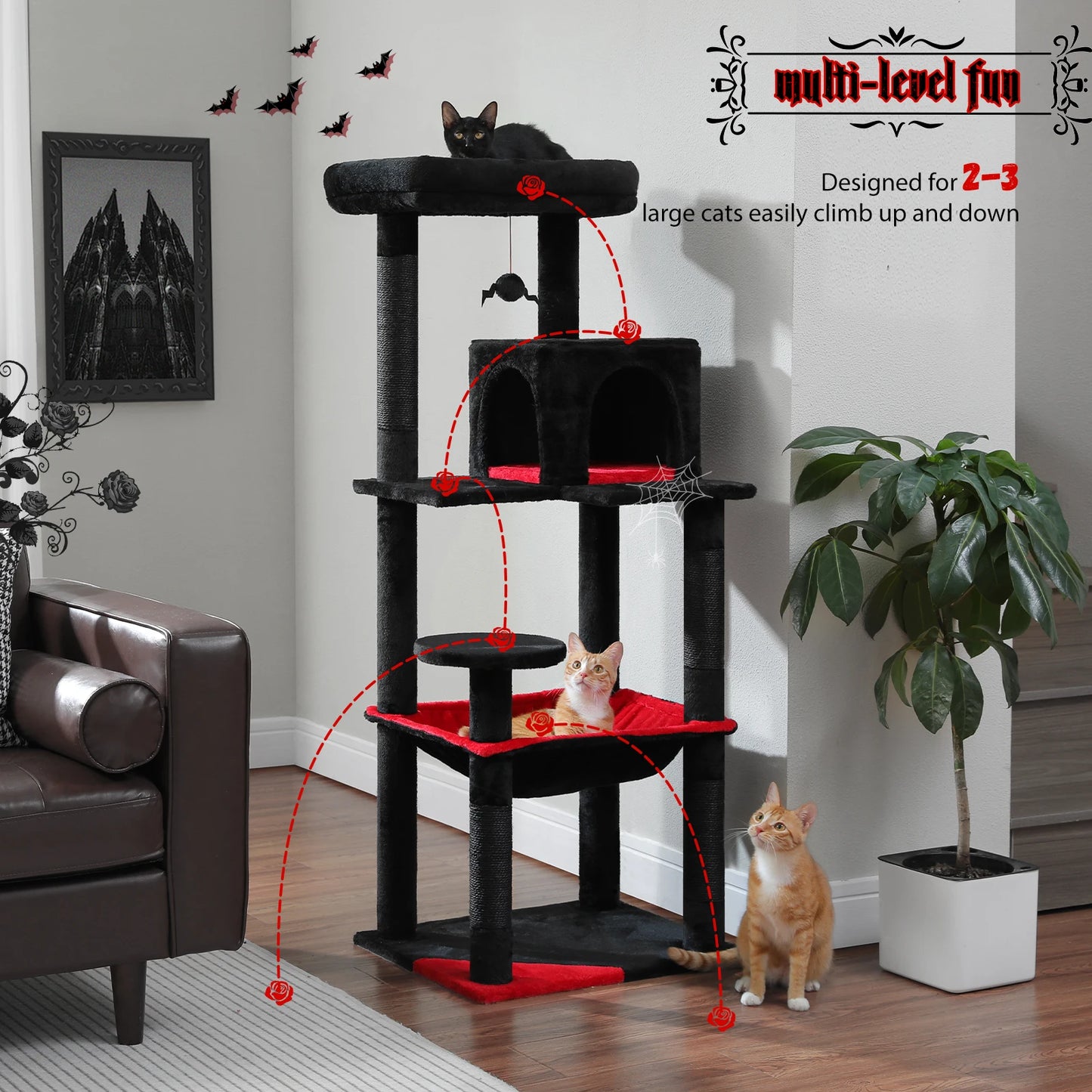 Gothic Cat Tree Tower for Indoor Cats Five Levels with Cozy Condo and Hammock
