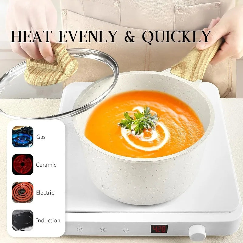 Pots and Pans Set Non Stick 14 Piece White Granite Kitchen Cookware Set Induction Frying Pans Saucepans and Silicone Utensils