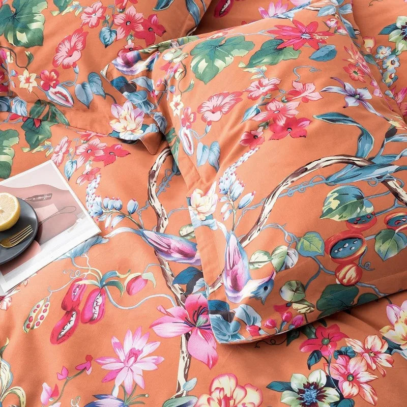 Botanical Garden Duvet Cover Set Chinoiserie Orange Cotton