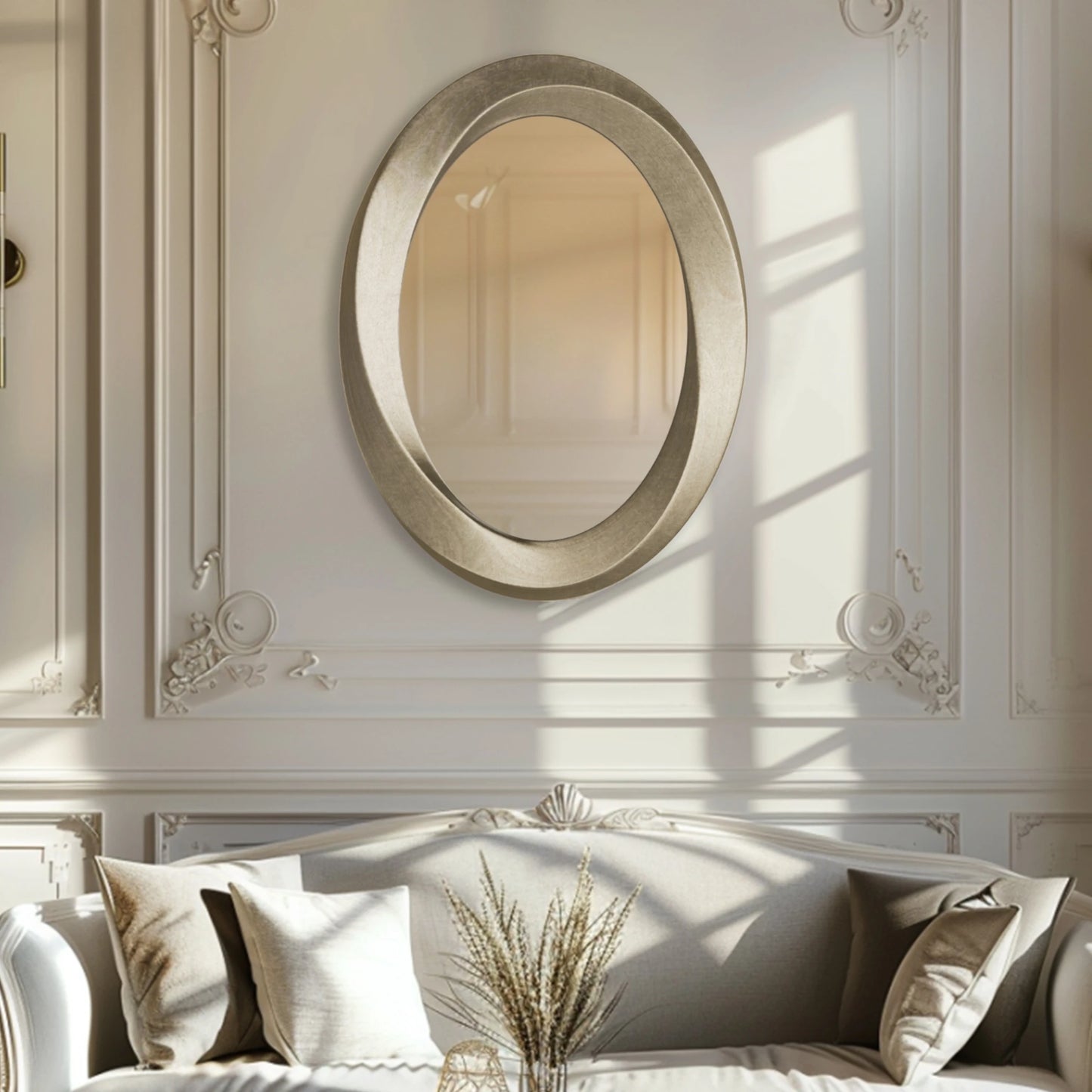 Large Oval Baroque Wall Mirror Silver Glass Vanity with Brass Edge Frame for Modern Minimalist Home Decor 32x24 Inch