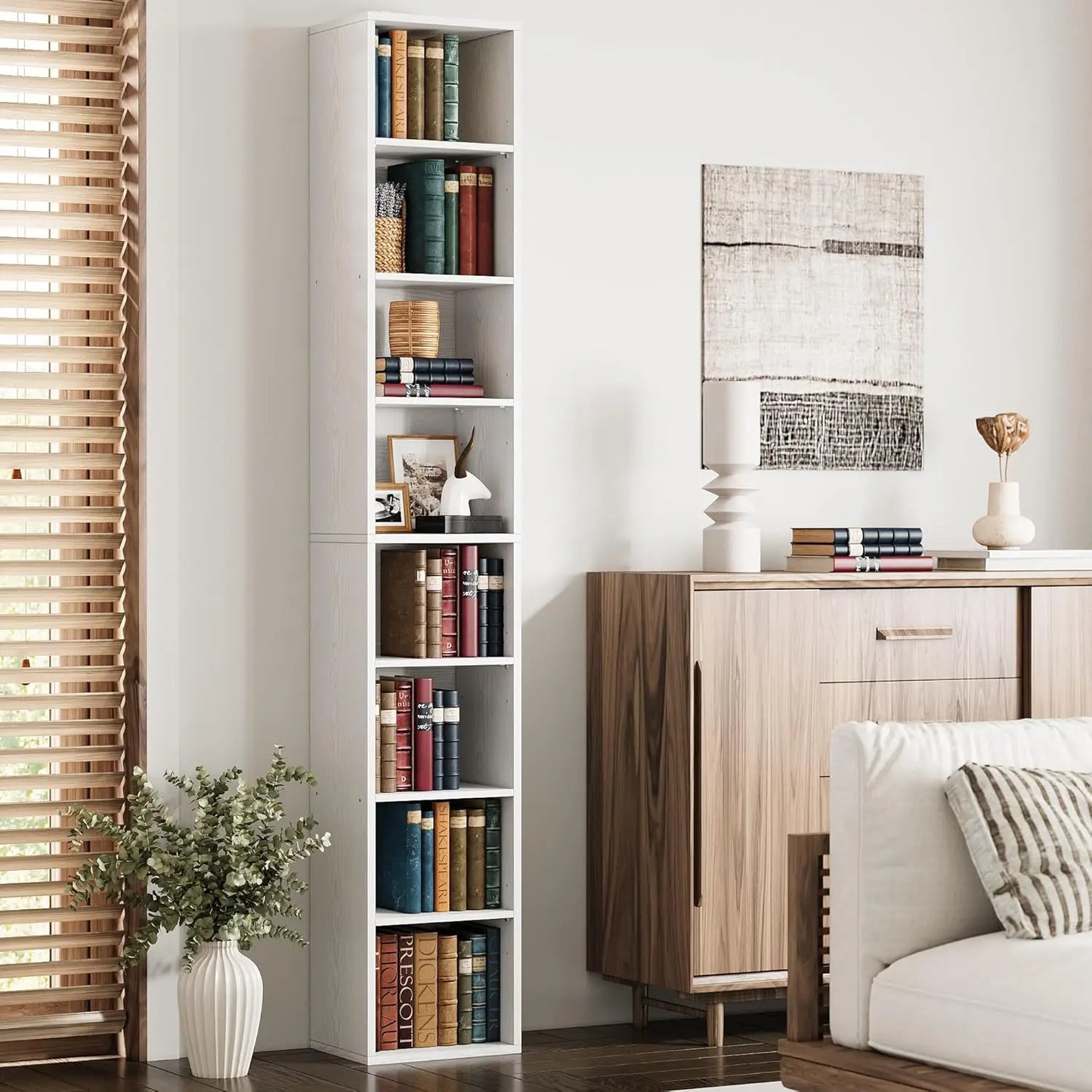 Eight Tier Tall Narrow Corner Bookshelf For Living Room Office Study White