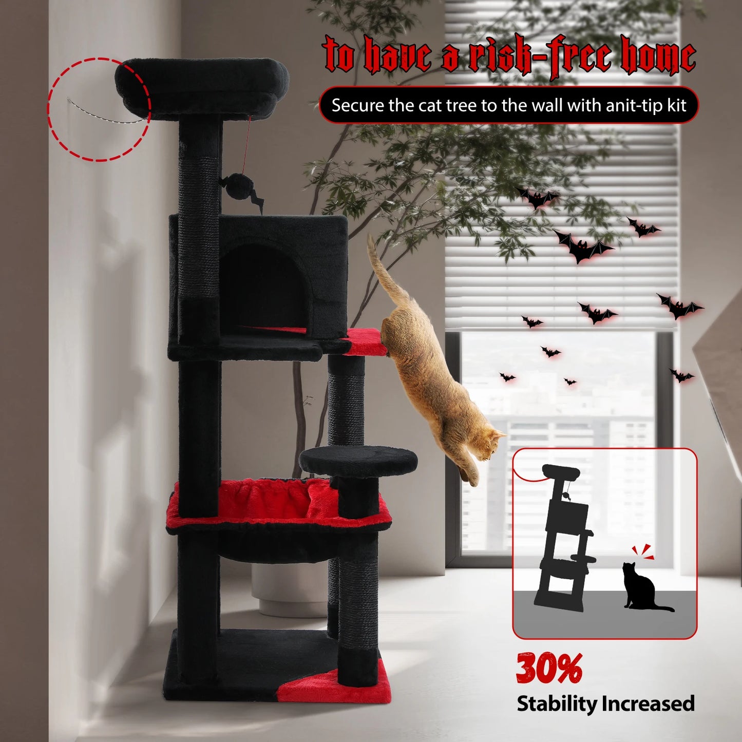 Gothic Cat Tree Tower for Indoor Cats Five Levels with Cozy Condo and Hammock