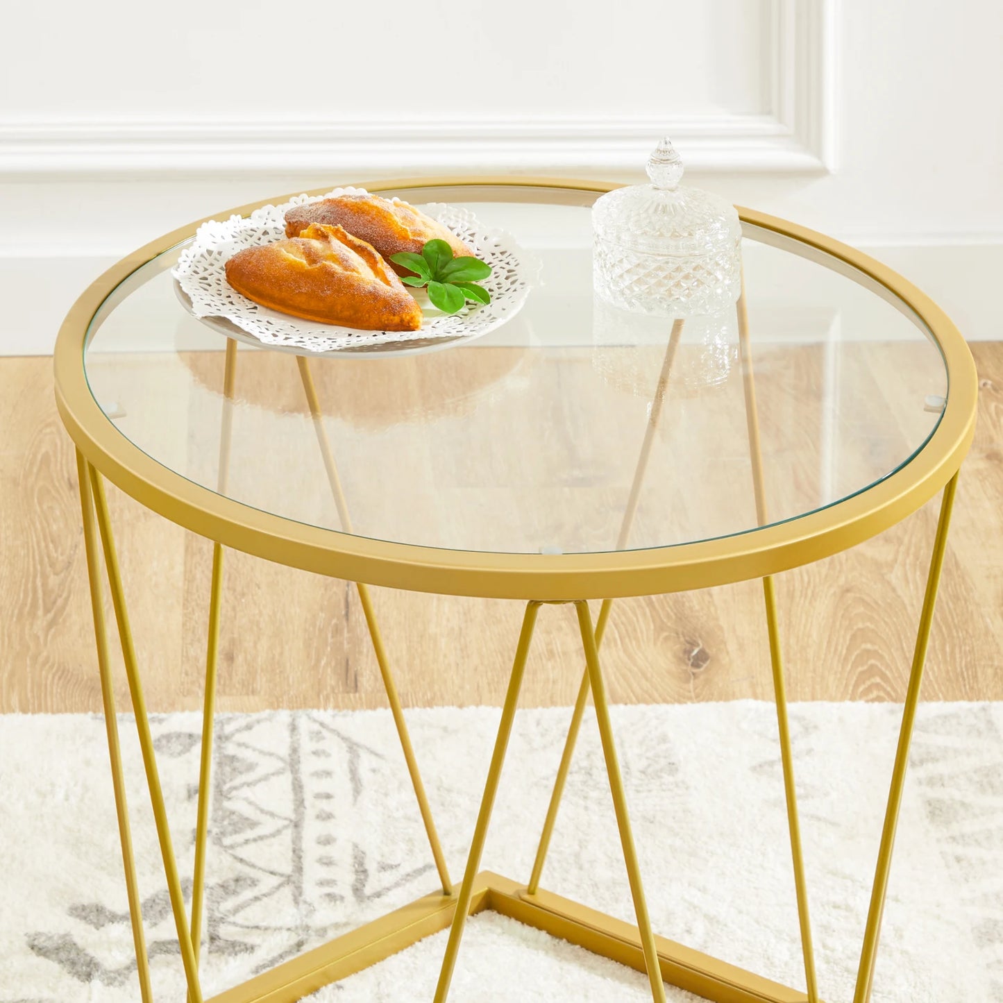 HOOBRO Modern Gold Round Glass Coffee End Tables Set of 2