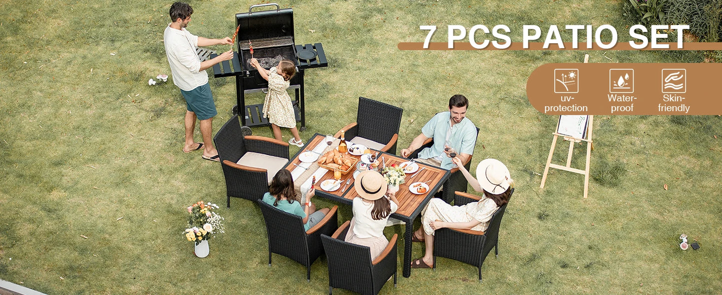 Outdoor 7 Piece Terrace Rattan Furniture Set With Lovewood Tabletop Black