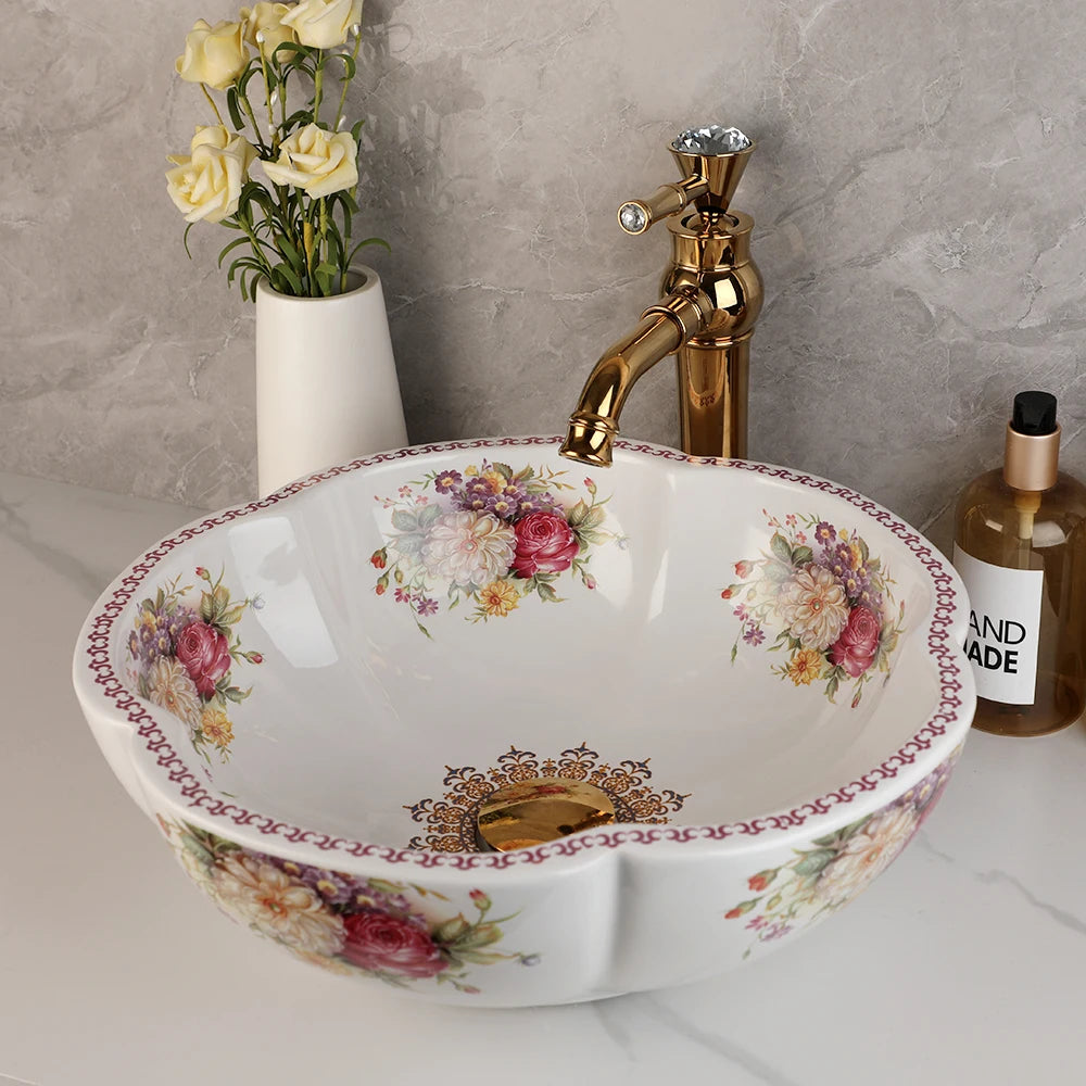 ZAPPO Ceramic Sink Above Counter Round Petal Pattern Faucet