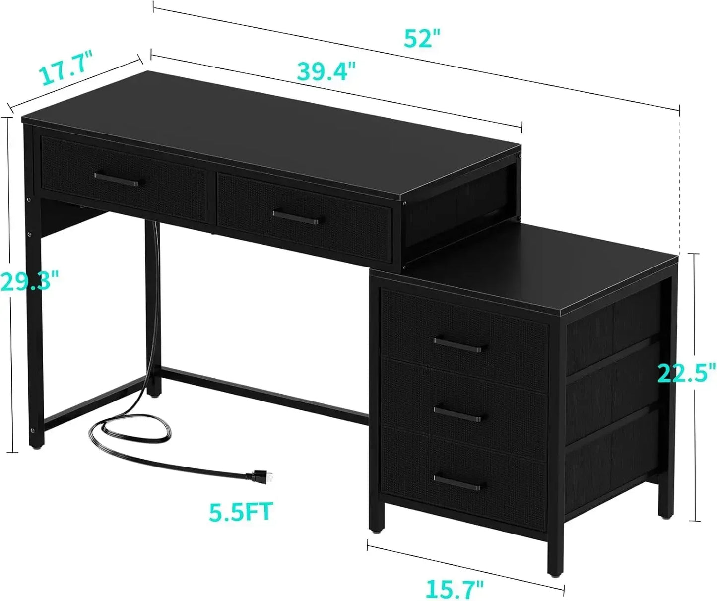 Reversible Computer Desk With 5 Drawers And USB Ports