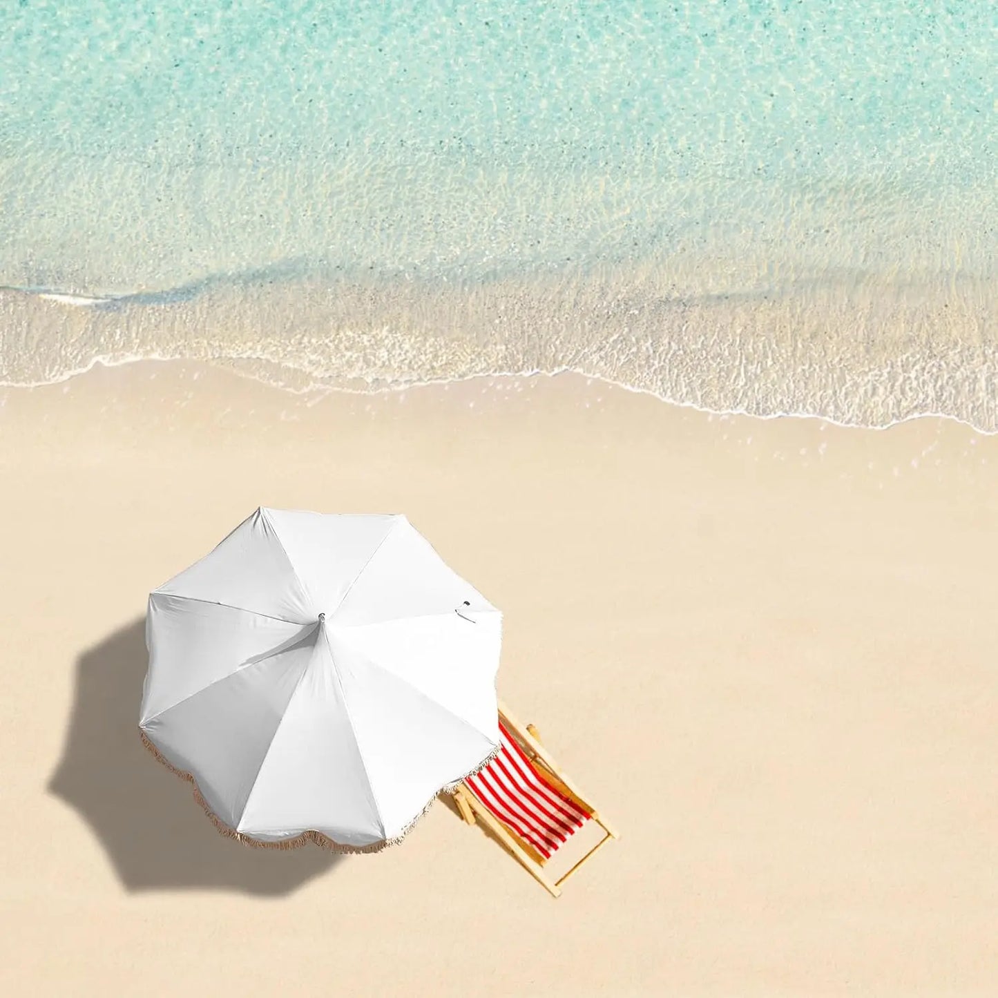 6.5ft Boho Beach Umbrella With Fringe UPF 50 Foldable Wood Pole Carry Bag