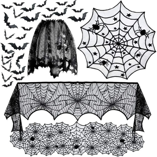 32 Piece Halloween Spider Web Lace Tablecloth Set Black