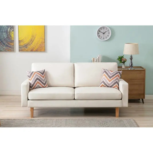 Beige Linen Sofa with 2 Throw Pillows 70 Inch Wide Comfortable Seating for Living Room Modern Design