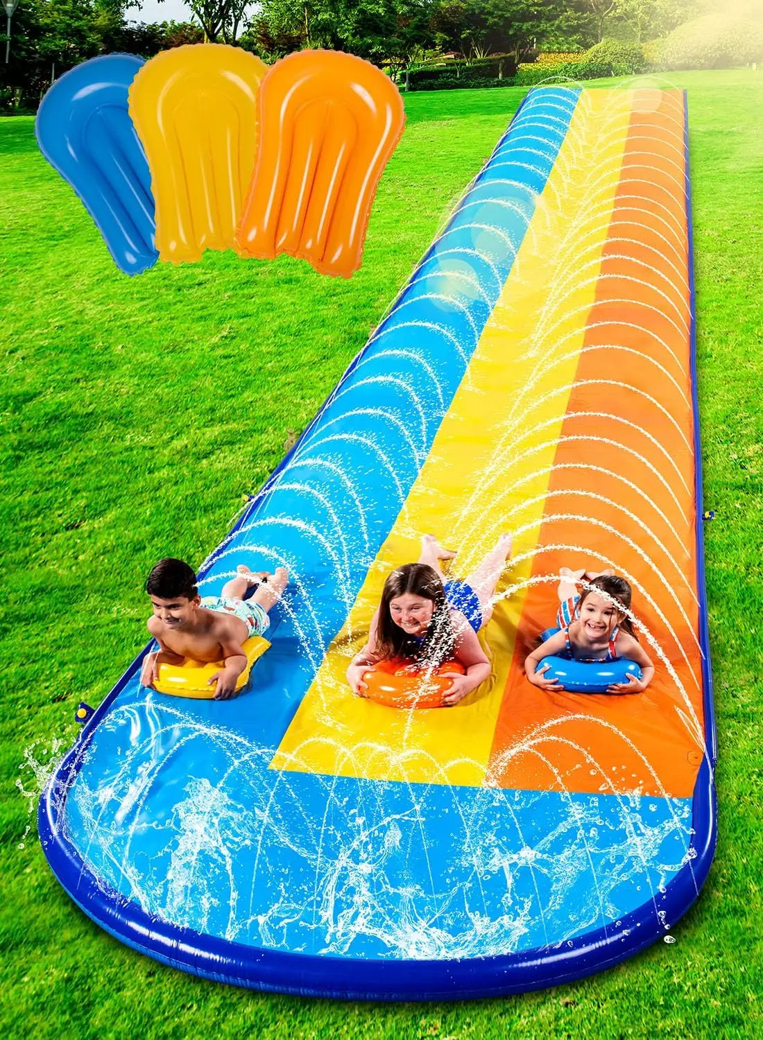 22.5FT Triple Lane Water Slide With Sprinkler And BodyBoards Kids Summer Fun