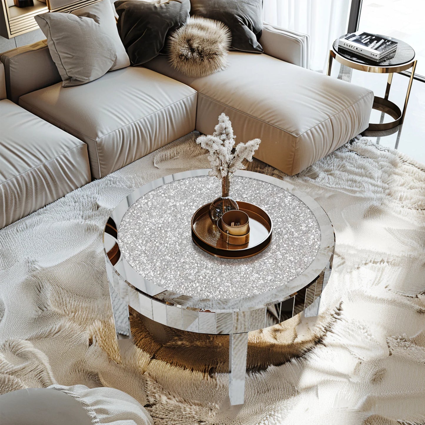 Mirrored Coffee Table Crystal Inlay 31 5 Inch Modern Round