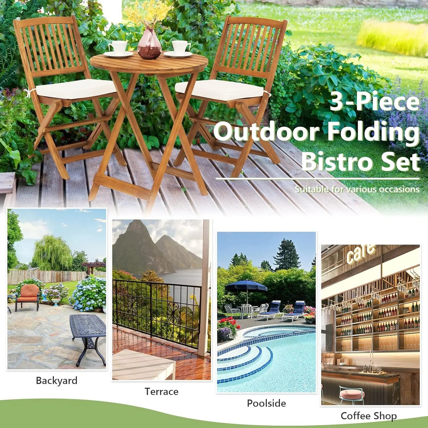 3 Piece Patio Bistro Set Acacia Wood With Folding Round Table Cushions Outdoor