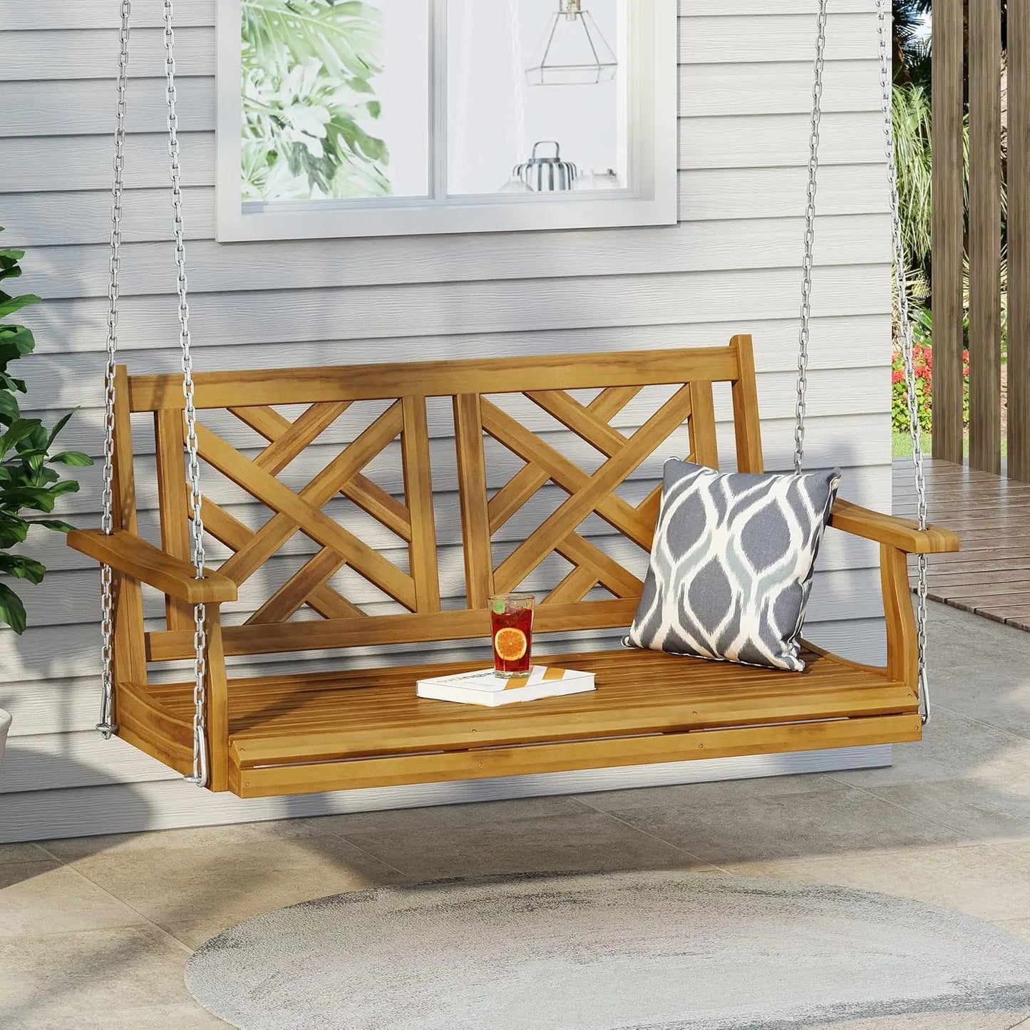 Teak Porch Swing With Cushion For Outdoor Patio Garden Seating