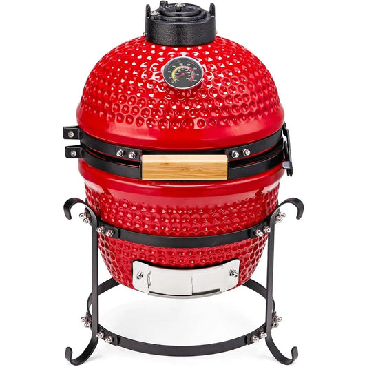 13 Inch Red Spherical Ceramic Charcoal Grill with Inner Liner Portable BBQ Smoker for Outdoor Cooking Camping and Backyard Grill