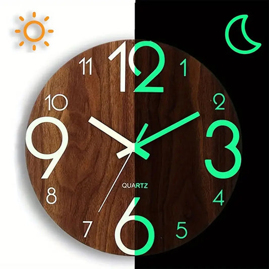 12 Inch Wooden Simple Luminous Wall Clock Silent Non Ticking Analog Clock for Living Room Bedroom and Office Decor