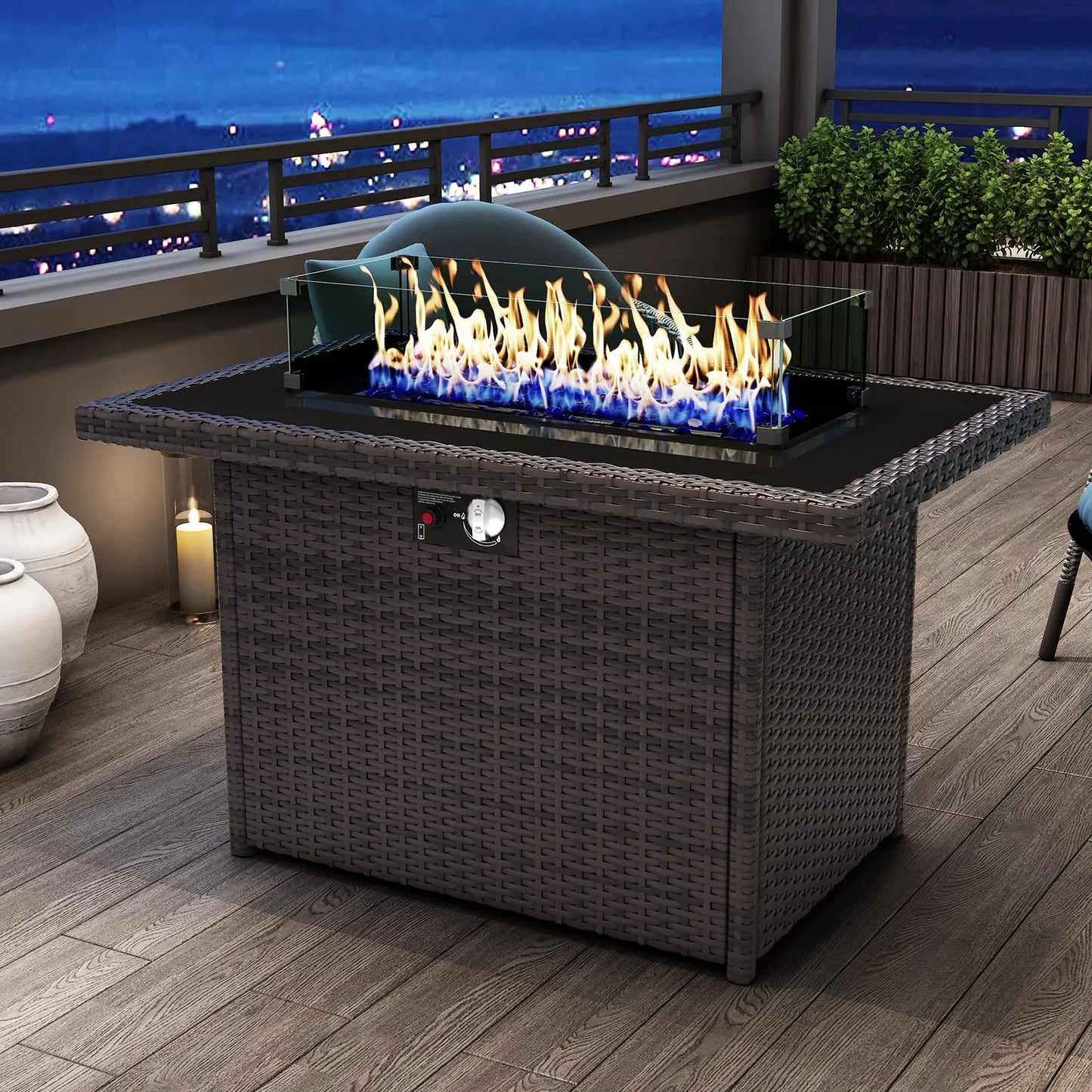 44 Inch Propane Gas Fire Pit Table Outdoor Patio 60000 BTU Rectangular Wicker