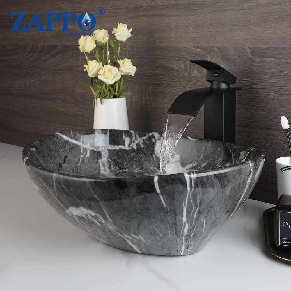 ZAPPO Marbling Rectangle Vessel Sink With Faucet Drain