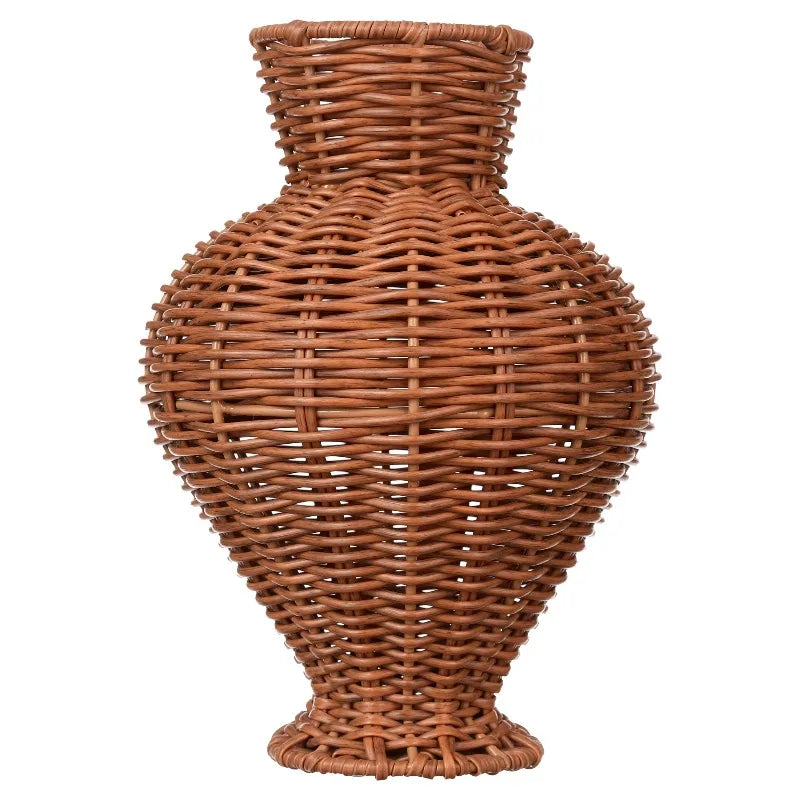 Woven Faux Rattan Indoor Vase 10 Inch Brown Bamboo And Wood Boho Home Decor