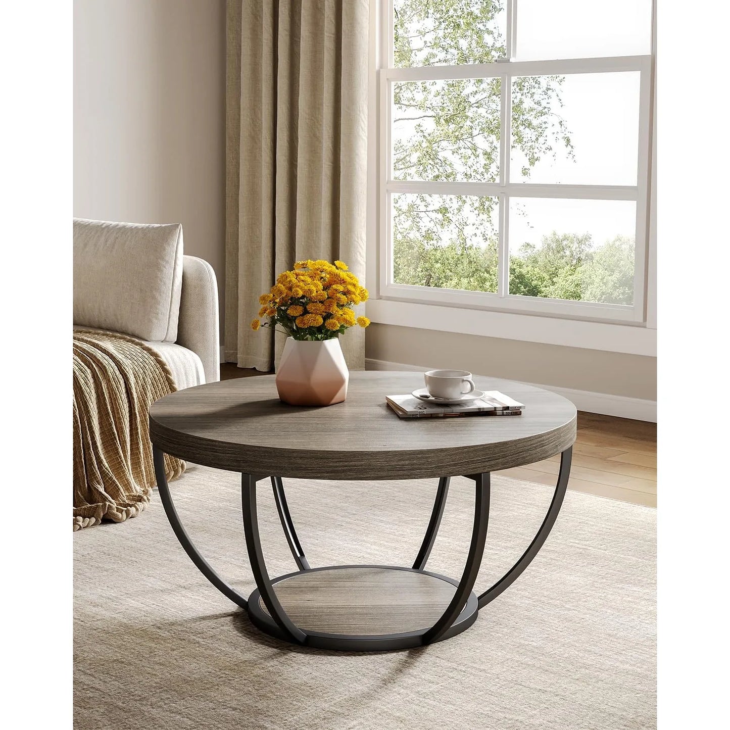 32 Inch Circle Marble Coffee Table With 2 Tier Gold Metal Legs Open Storage