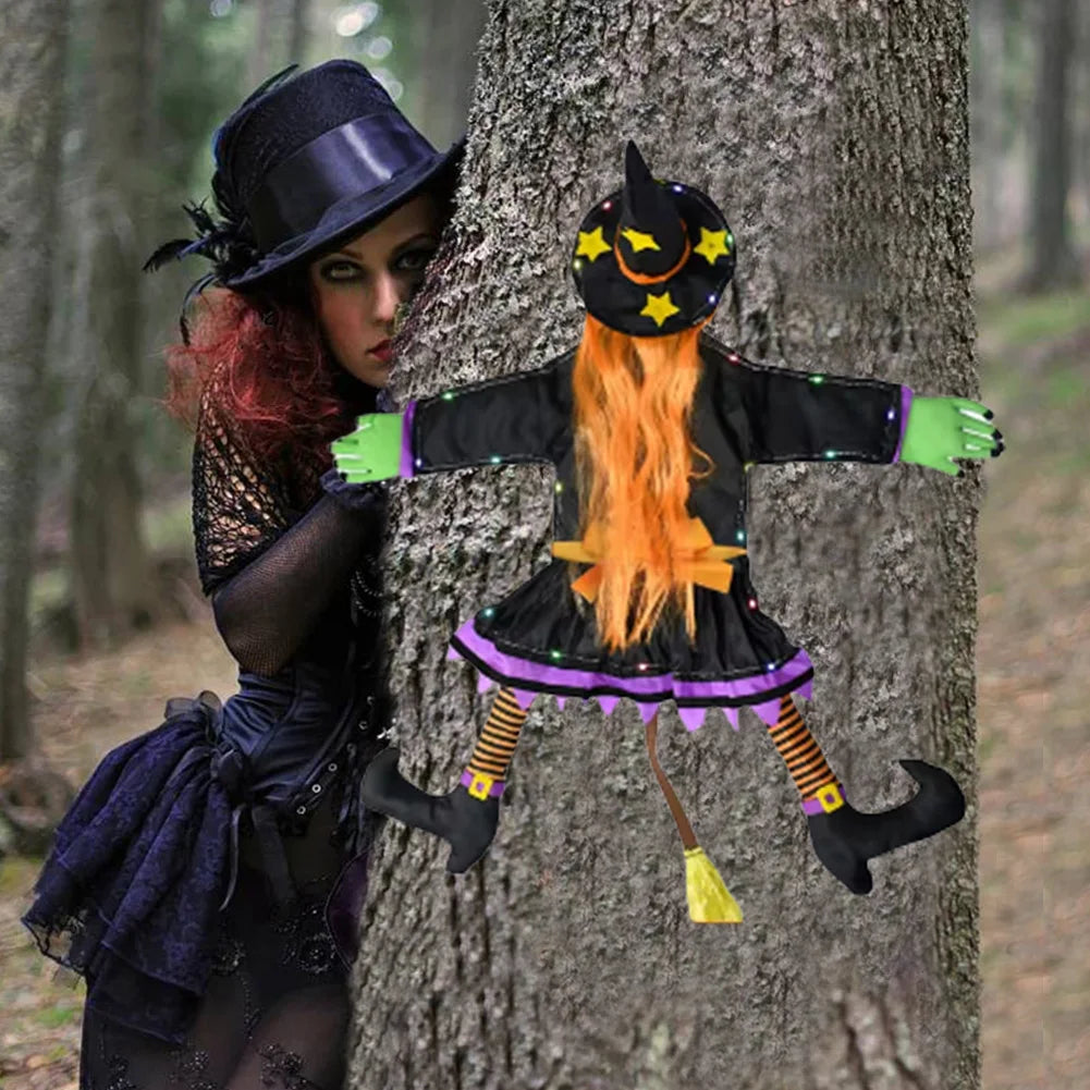 Halloween Crashing Witch Into Tree Outdoor Decoration With Light Flying Witch Lawn Patio Garden Decor