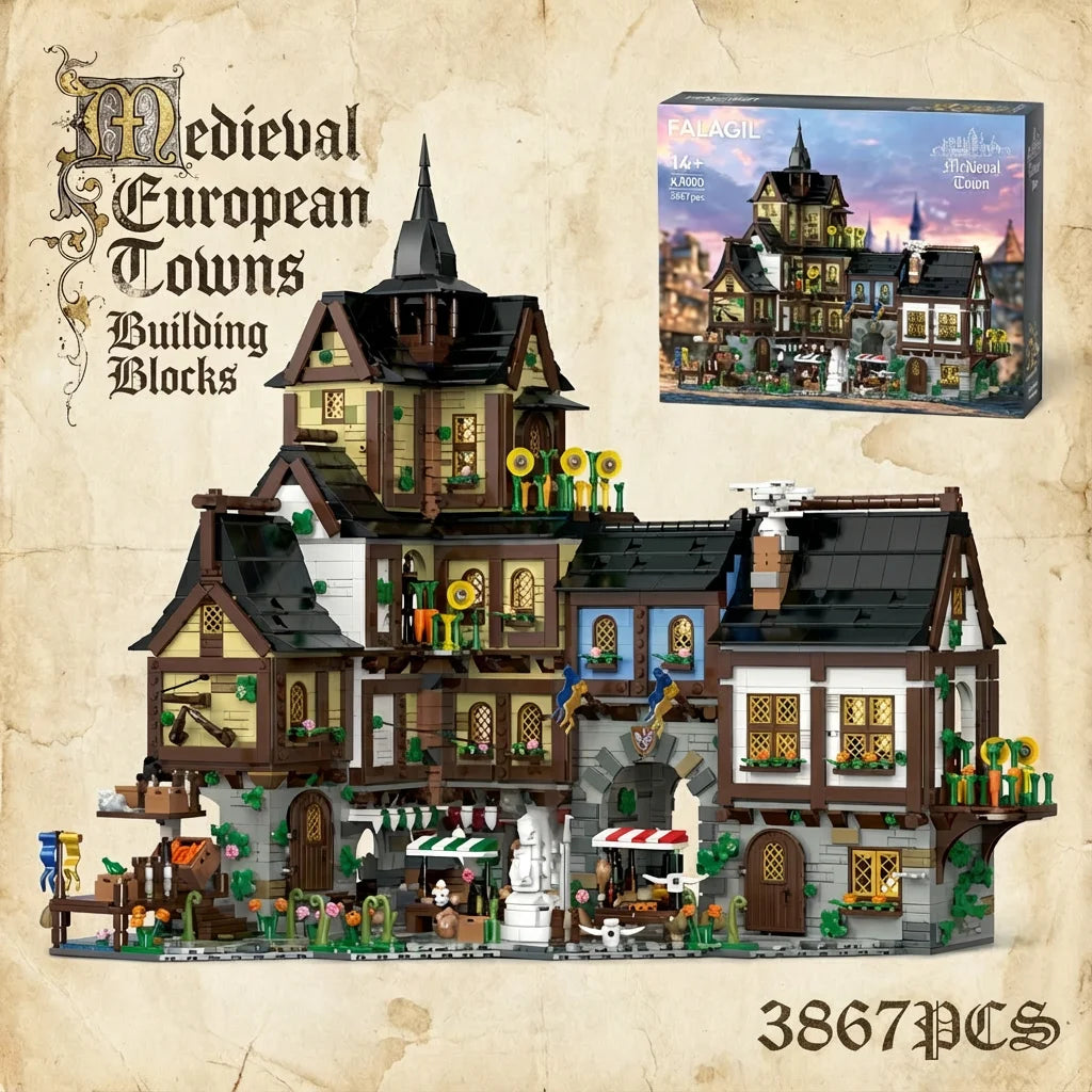 3867 Pcs Medieval Europe Towns Buildings Blocks Street View Village Model Kit
