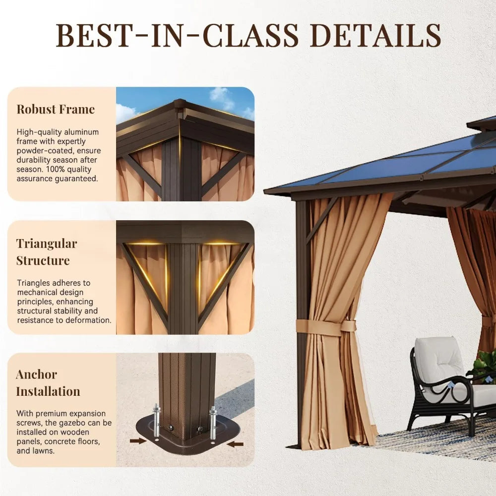 10x12ft Hardtop Gazebo With Aluminum Frame Netting And Curtains Outdoor Pavilion